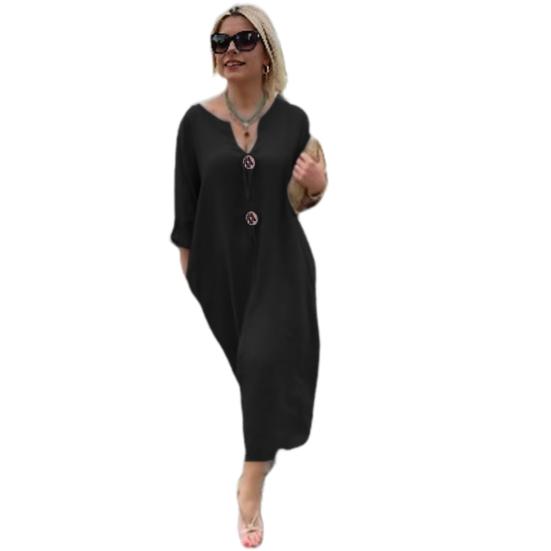 Women Dress V Neck Button Decor Long Sleeve Loose Solid Color Plus Size Mid-calf Length Simple Style Commute Daily Wear Midi Dress