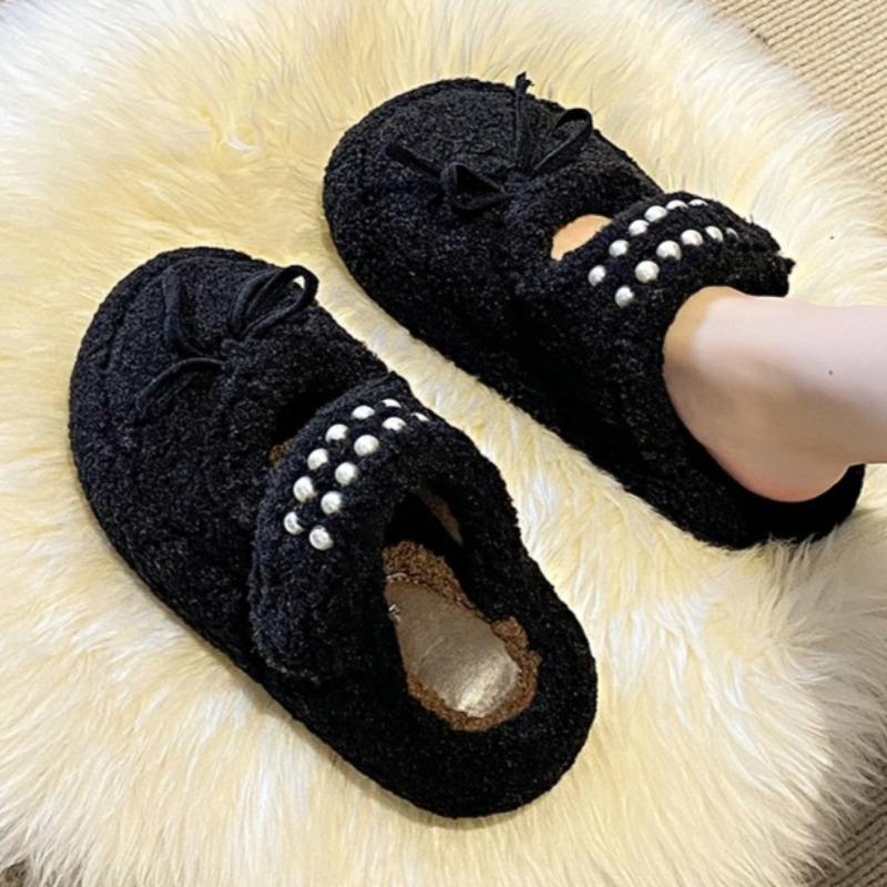 Bow Bead Women Flats Slippers 2025 Winter New Casual Mules Shoes Designer Comfortable Soft Slingback Shoes Elegant Mujer Zapatos