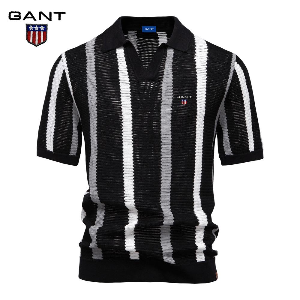 Gant 2025 Summer Embroidery New Breathable Hollow Men's Short Sleeve Polo Sweater Striped Knitted Polo Sweater for Men