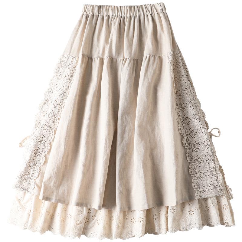 Japanese Mori Girl Linen Half Skirt: Women's Elastic Waist, Heavy Embroidery, Mid-Length A-Line Design.