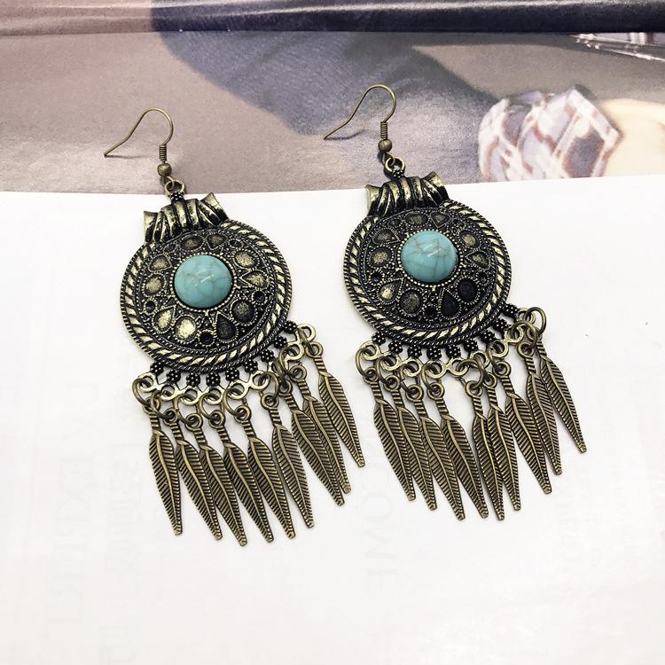 Vintage Indian Style Exaggerated Earrings Large Round Inlaid Turquoise Fringed Earrings Ethnic Style Women's Earrings