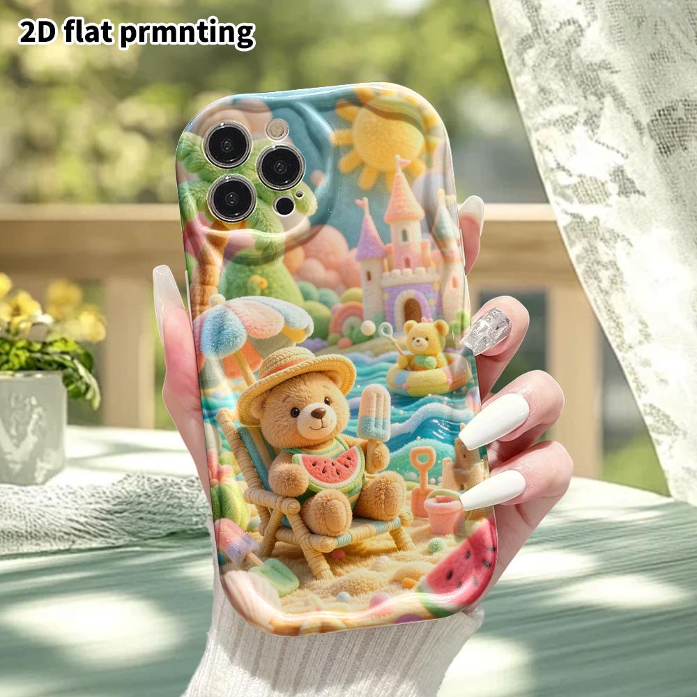 Phone Case: 2D Flat, Suitable for iPhone 18, 17, 16, 15, 14, 13, 12 Pro Protective Cases, Summer Beach Little Bear, Perfect Holiday Gift for Christmas