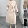 Women Double‑Breasted Wool Blend Long Coat Asymmetrical Collar Belted Waist Long Sleeve Pocket Warm Winter Outerwear Overcoat