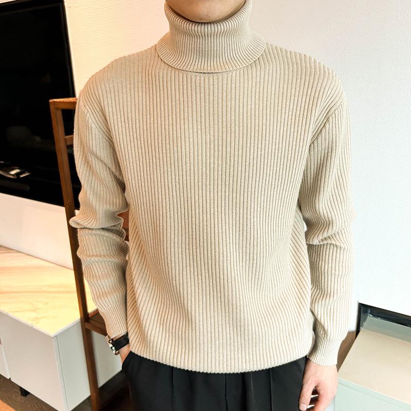 Men's Korean Style Ribbed High Neck Sweater - Autumn/Winter Versatile Long Sleeve Knitwear