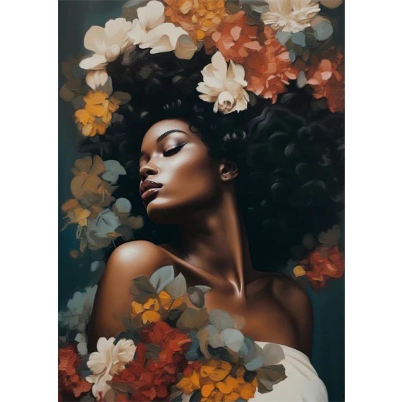 Afro Girl with Flowers Wall Art Pictrues African Beauties Flowers Fashion Canvas Painting Prints Posters for Living Room Decor