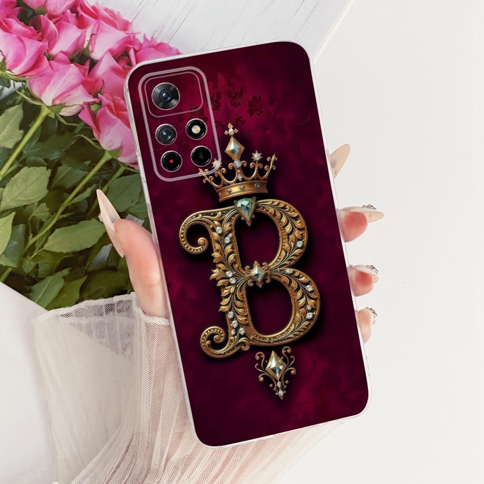 For Xiaomi Poco M4 Pro 5G Case Transparent Luxury Crown A-Z Letters 2D Flat Pattern Soft Phone Case 21091116AG MZB0BGVIN