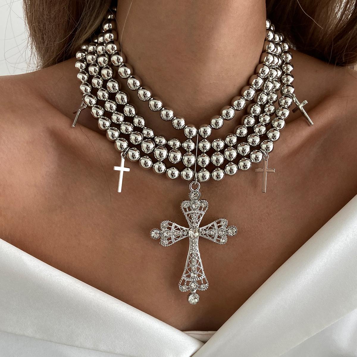 Salircon Exaggerated Inlaid Rhinestone Big Cross Pendant Necklace Women Multilayer Aesthetic Design CCB Beaded Choker Jewelry