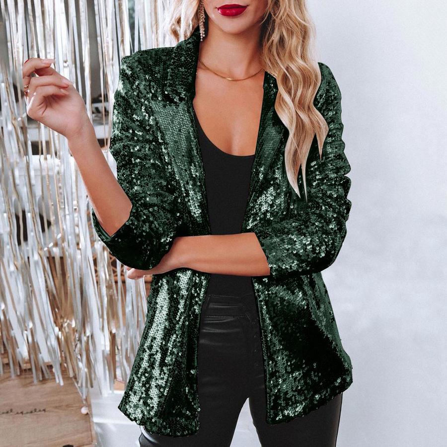 Mini Blazer New Commute Style Open-Collar Long Sleeve Sequined Casual Blazer Jacket for Women