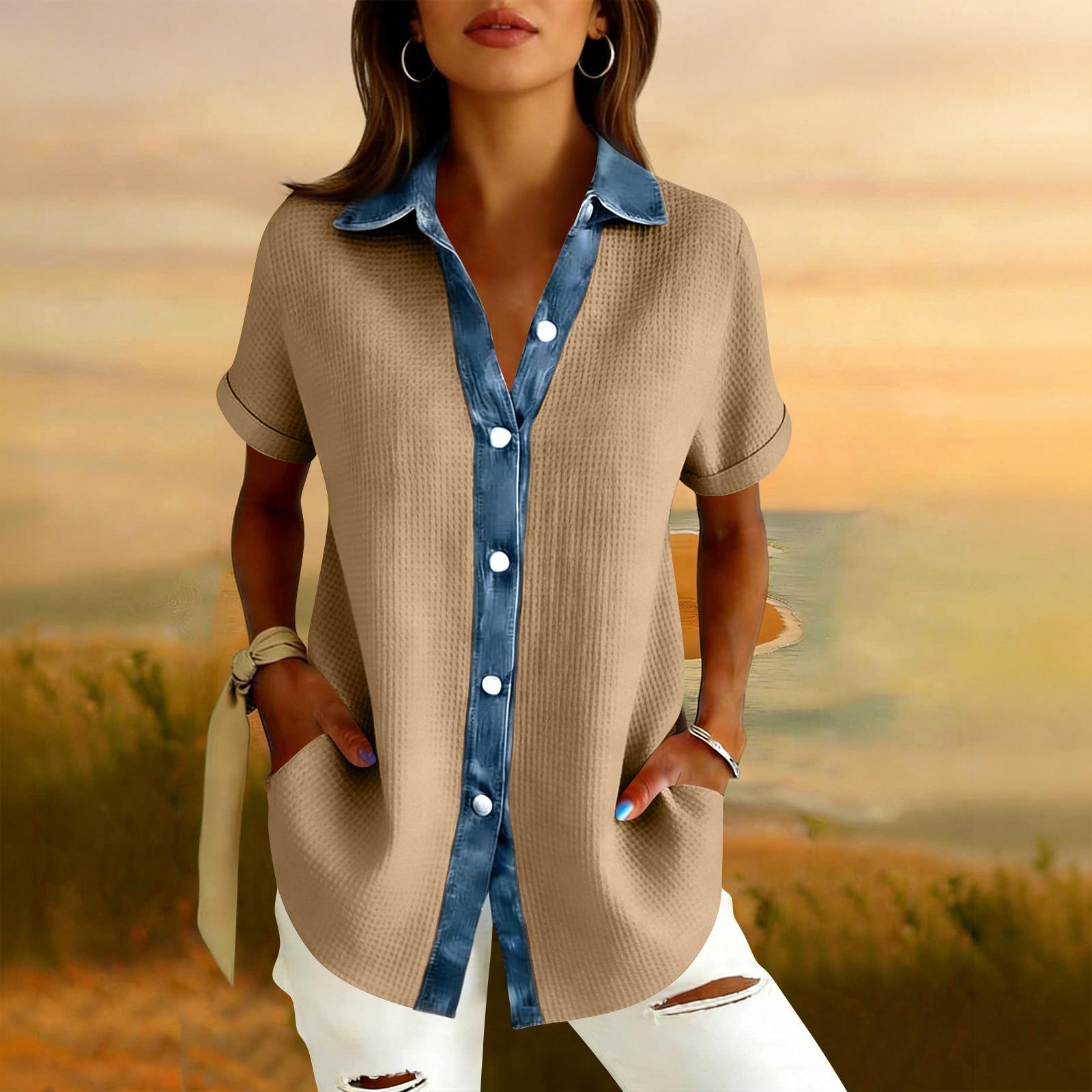 

Womens Fashion Color Lapel Short Sleeved Denim Patchwork Button Up Shirt Loose Top L хакі