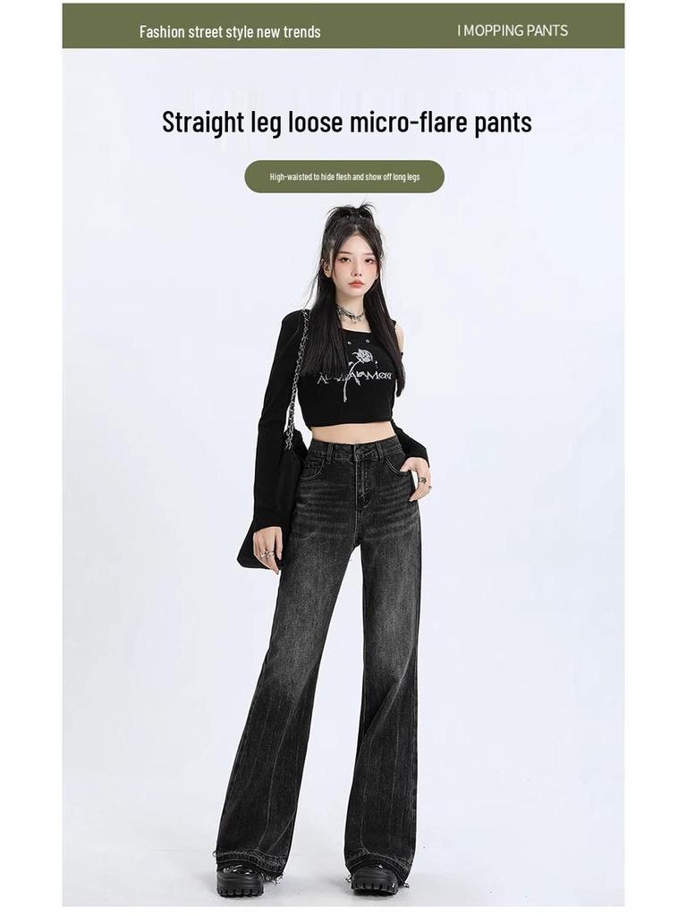 Women's 2024 Spring/Autumn Plus Size Gray Flared Jeans - Raw Edge, Micro Flare, Floor-Length