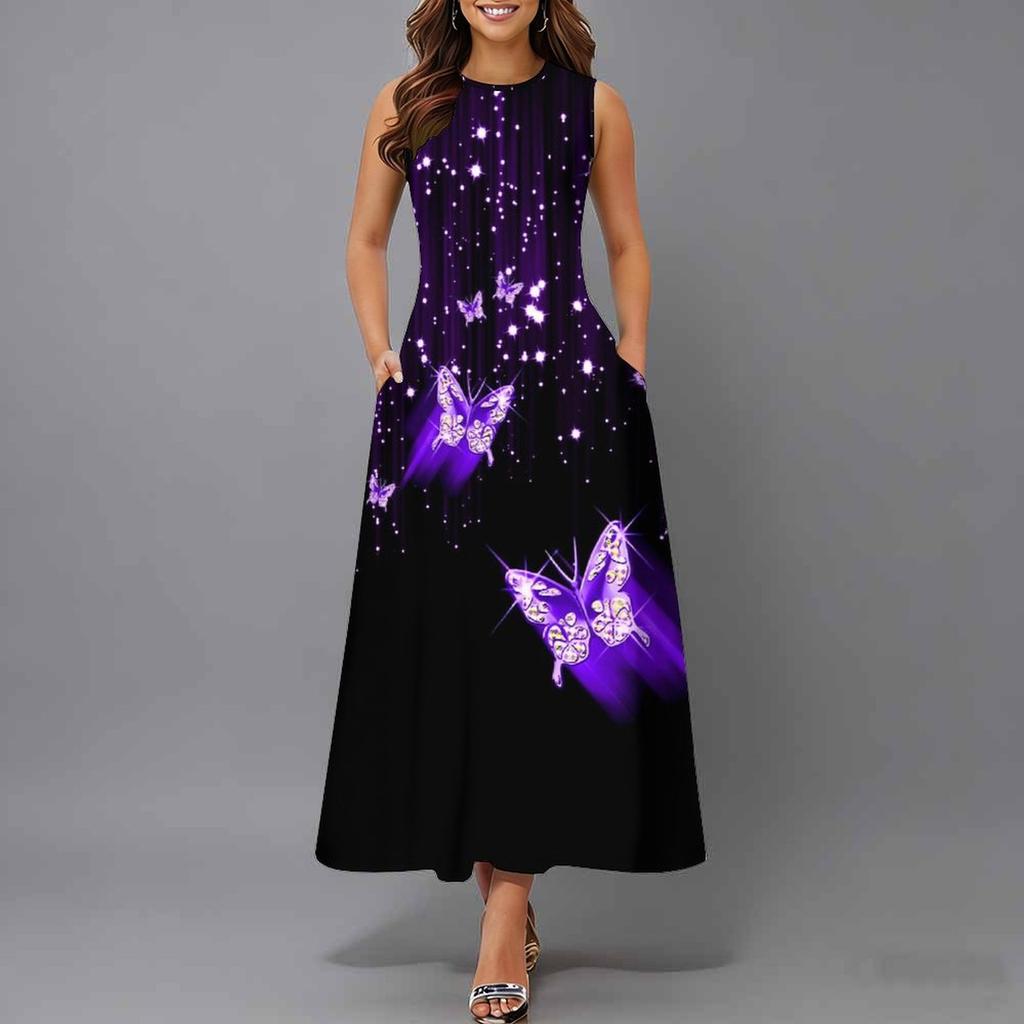 Ladies Oversized Sleeveless Crew Neck Dress Delicate Clustered Wild Flowers Loose Mid Length Dress