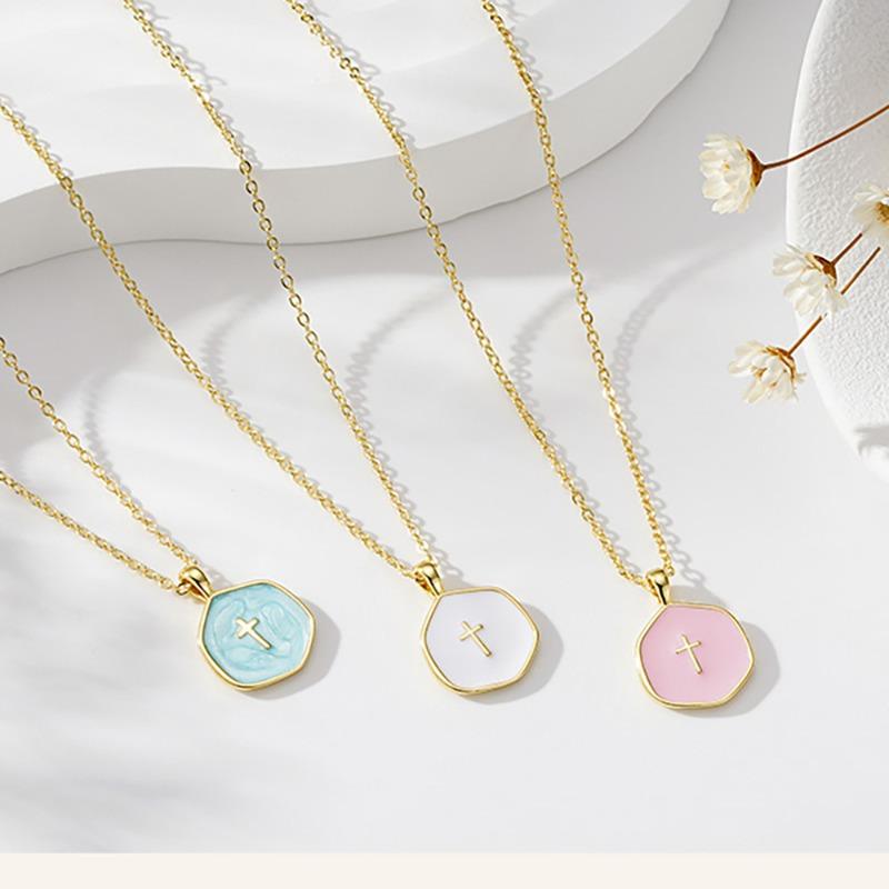 Dripping oil niche style design colorful enamel dripping oil cross alloy girl necklace sweater chain one pack белый