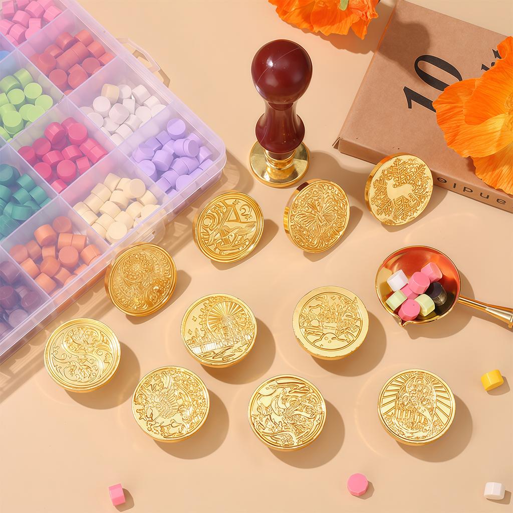 Wax seal stamp head, elegant vintage relief seal set, complete with envelopes, scrapbooking supplies, sealing wax beads