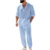 Men's Linen Henley Shirt and Pants Set Relaxed Fit Long Sleeve Holiday Lounge Two Piece Outfit