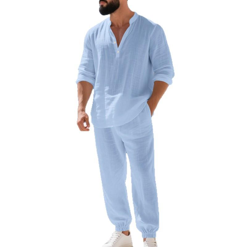 Men's Linen Henley Shirt and Pants Set Relaxed Fit Long Sleeve Holiday Lounge Two Piece Outfit