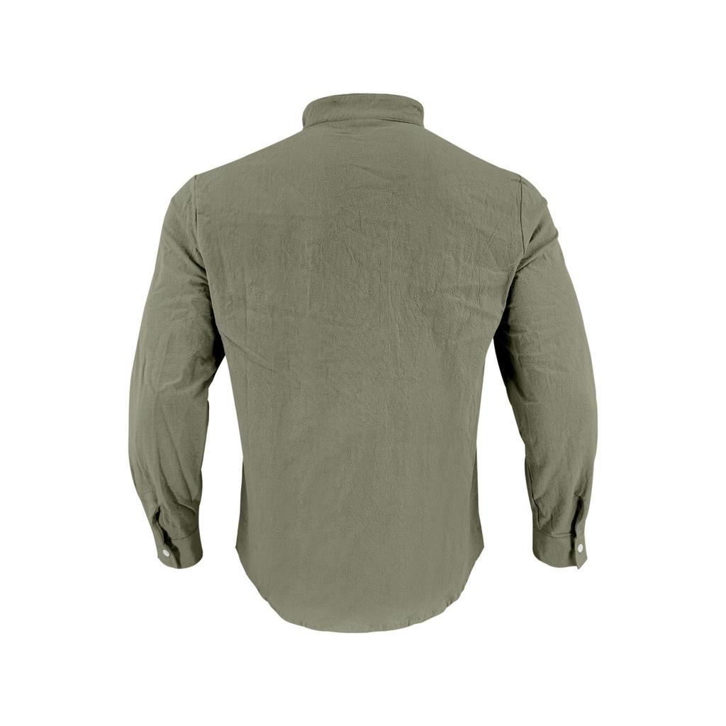 Camisa Casual Masculina, cor Algodão e Linho, Gola Lapela em Pé, Manga Longa, Top