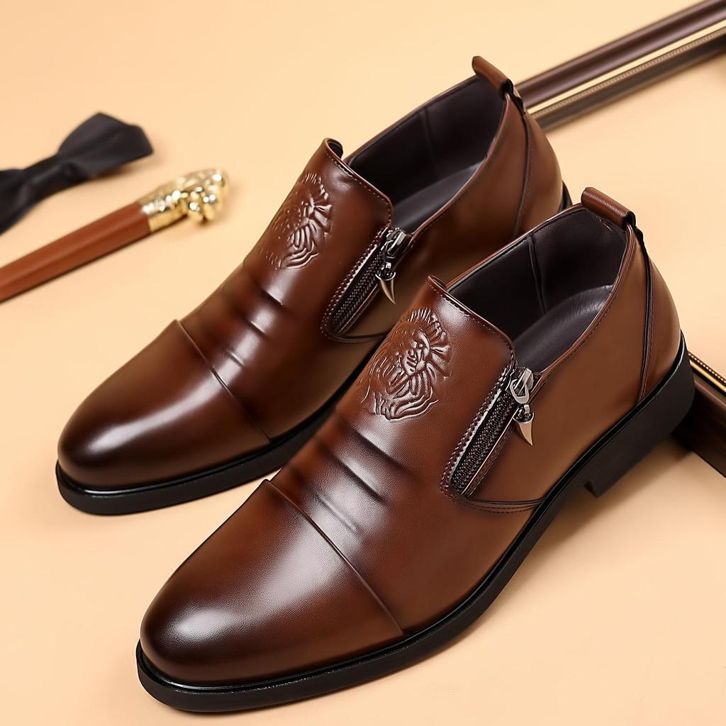 Men's Autumn/Winter Business Casual Leather Shoes with Lion Head Zipper – High & Low Top, Pointed Style