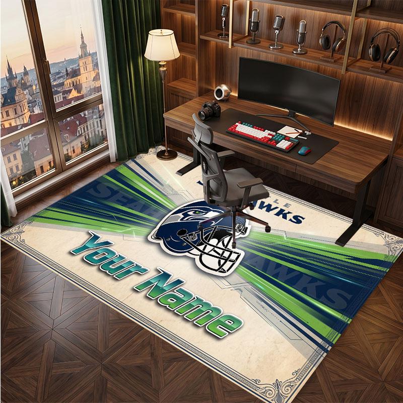 Seattle Seahawks Personalisierter Kristall-Samt-Teppich, Benutzerdefinierter Namens-Text Weicher Anti-Rutsch-Teppich für Wohnzimmer Schlafzimmer