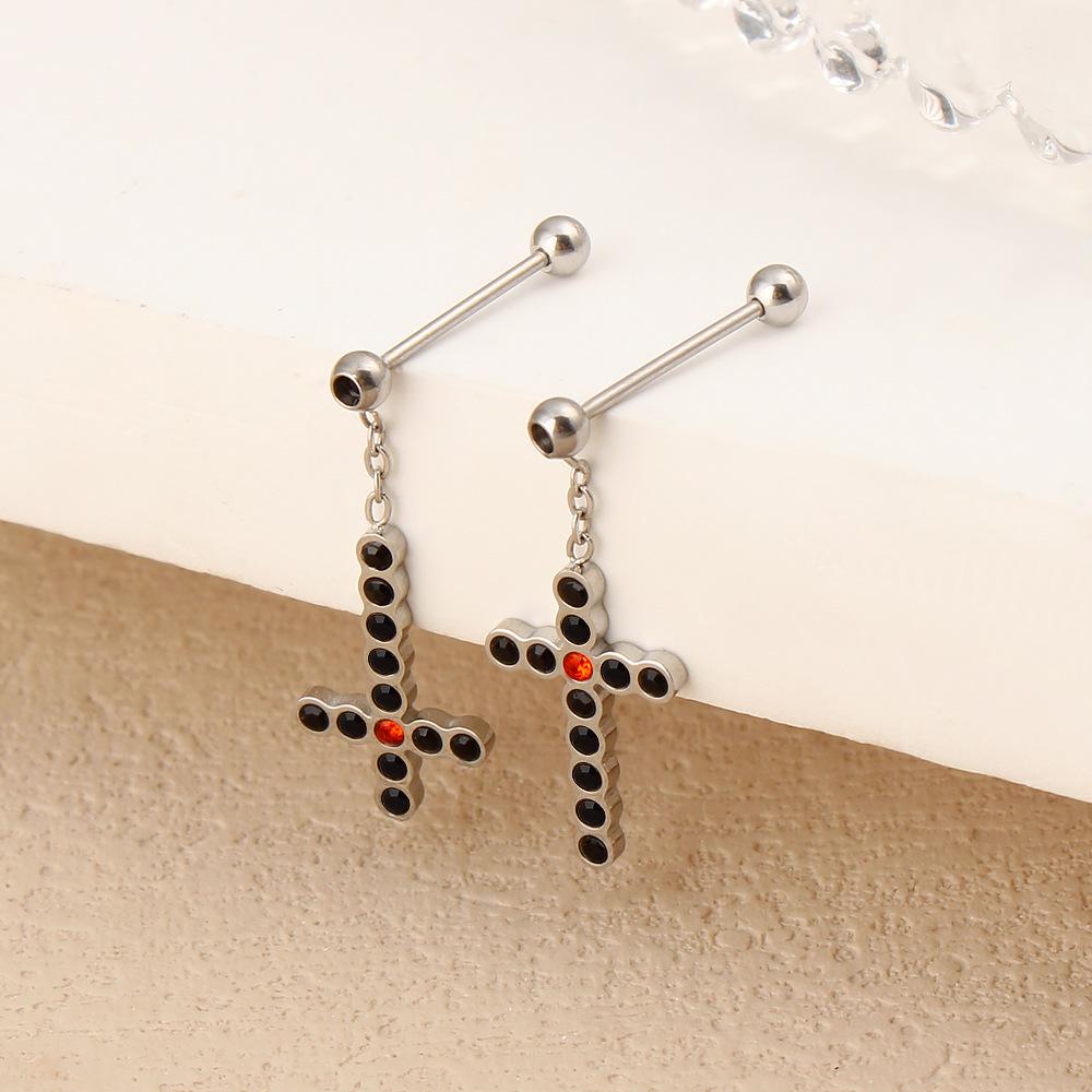 Korean Zirconia Cross Pendant Earrings, 18K Gold Titanium Steel, Asymmetrical Screw Post Design, Elegant Drop Style стальной