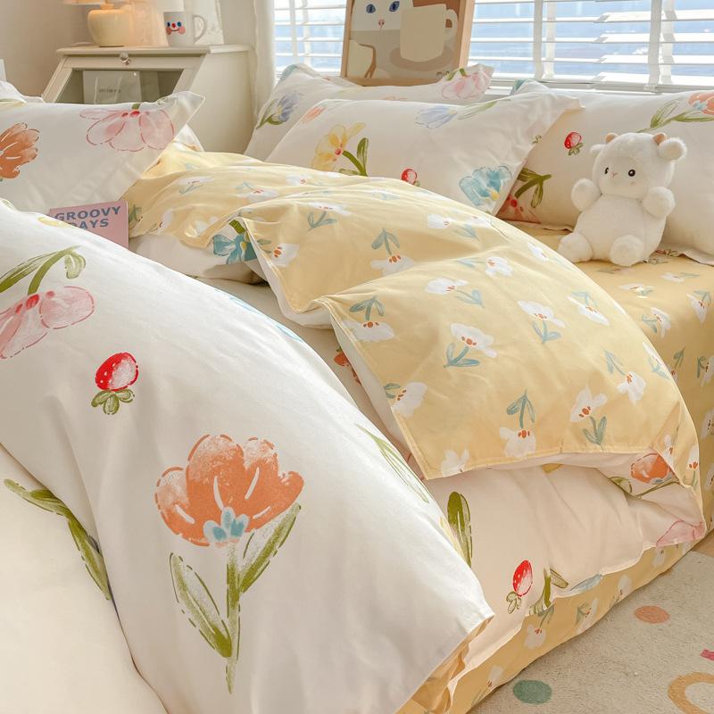 Washed Cotton 4Pcs Set, Spring And Autumn 1.8M Bed Sheet Double Quilt Set 3Pcs Home Textile