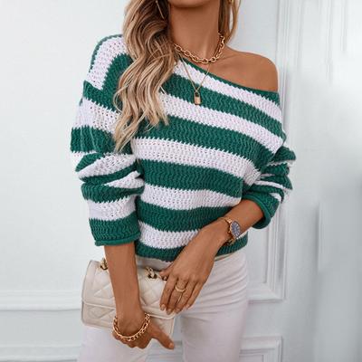 Herbst- und Winterpullover Lockerer, lässiger Ein-Linien-Kragen Langarmpullover Gestreifter Pullover für Damen