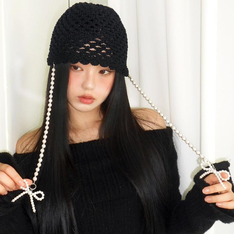 Pearl Bow, Hollow Knitted Wool Cap, Korean Version, Ins, Wrap Cap, Fashion, Hat, Versatile, Show Face Small