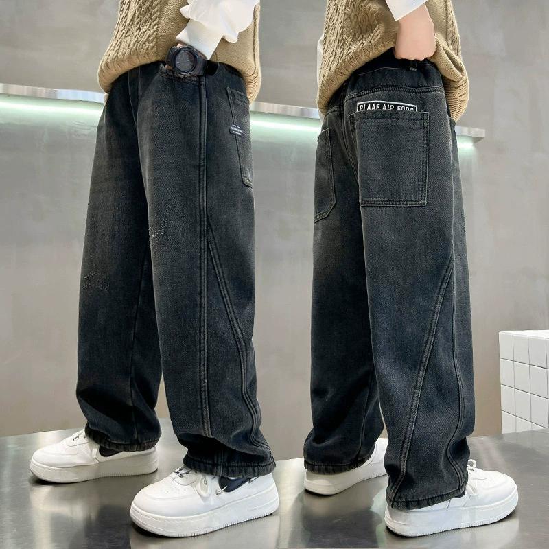 Chlapecké džínové kalhoty Jednobarevné elastické kalhoty Dětské džíny Volné kalhoty se širokými nohavicemi Dospívající ležérní rovné kalhoty 5-14 let