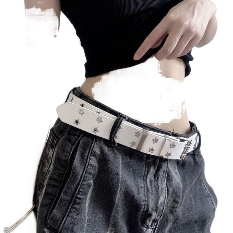 Vintage Hollow Punk Style Casual Double Row Star Studded Buckle Women's Fashion Belt