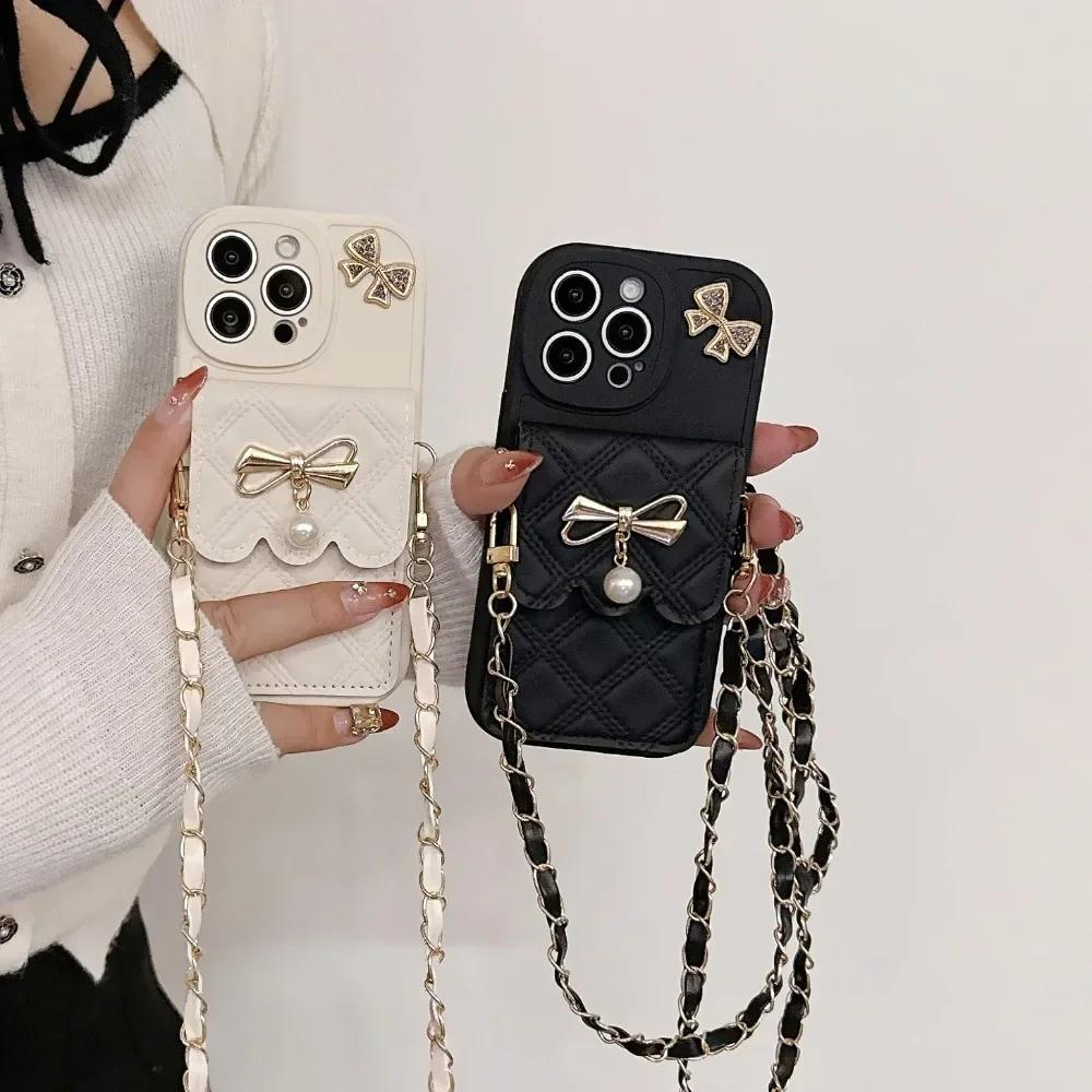 3D Bowknot Crossbody Wallet Phone Case For iPhone 16 15 14 Plus 13 12 11 XS XR X 7 8 Pro Max Plus SE with Card Holder Lanyard