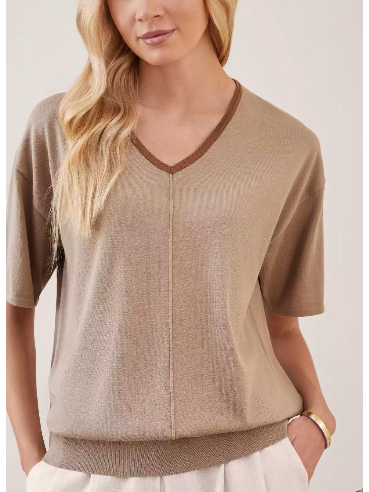 

V-Neck Short-Sleeve Plus-Size Women s Loose Knit T-Shirt верблюд