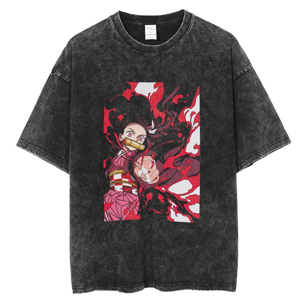 

Japanese Anime Demon Slayer Graphic T-shirt Washed Cotton T-shirt, Anime Demon Killer Daily Street Outfit S