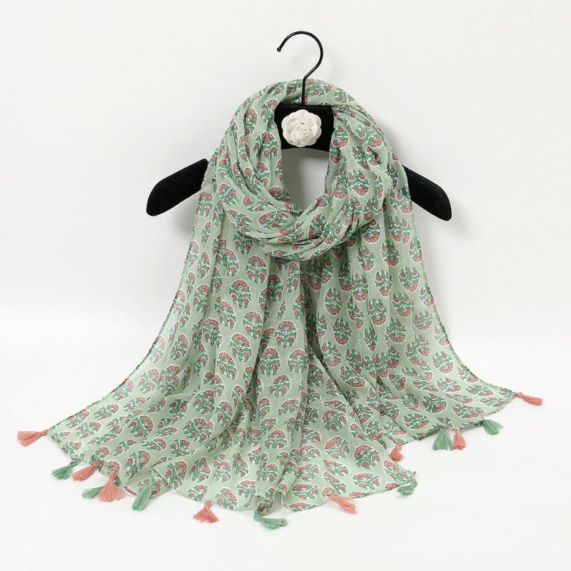 Spring and Autumn New Bali Yarn Tassel Retro Printed Geometric Scarf Versatile Fashion Travel Sunscreen Shawl Silk Scarf Women