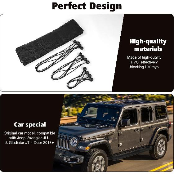 Sunshade Mesh Shade Top Front Cover Provides Roof UV Sun Protection for Jeep Wrangler JL JLU & Gladiator JT 2018-2024 (Black)