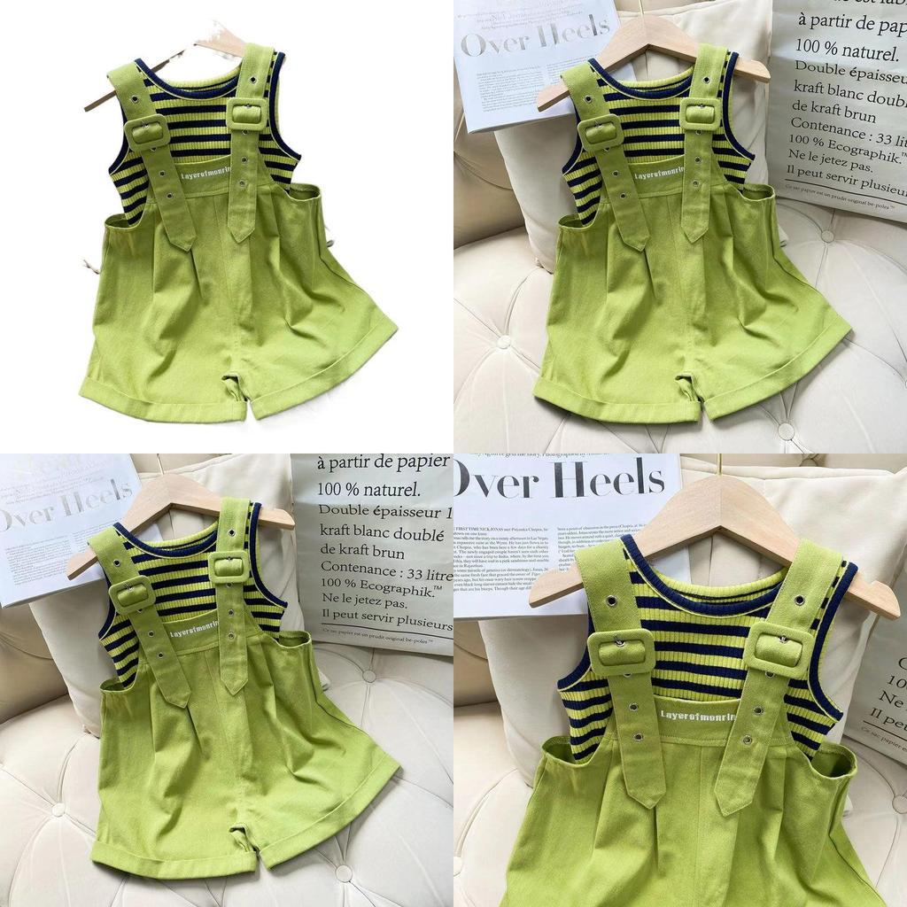 Stylish Summer Girls Two Piece Outfit Set With Trendy Sleeveless Top And Striped Adjustable Suspenders