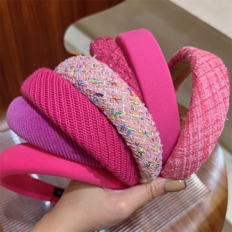 Sweet Pink Wide-brimmed Sponge Hair Band for Women Hot Fashion Headband Tweed Fabric Hoop Hairband Y2k Girls Hair Accessories