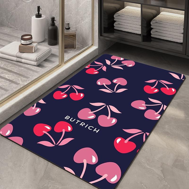 Donkerblauwe Badmat met Kersenprint, Gedurfd Fruitpatroon met “BUTRICH” Tekst, Antislip Wasbaar Tapijt voor Speelse Keuken 40x60CM