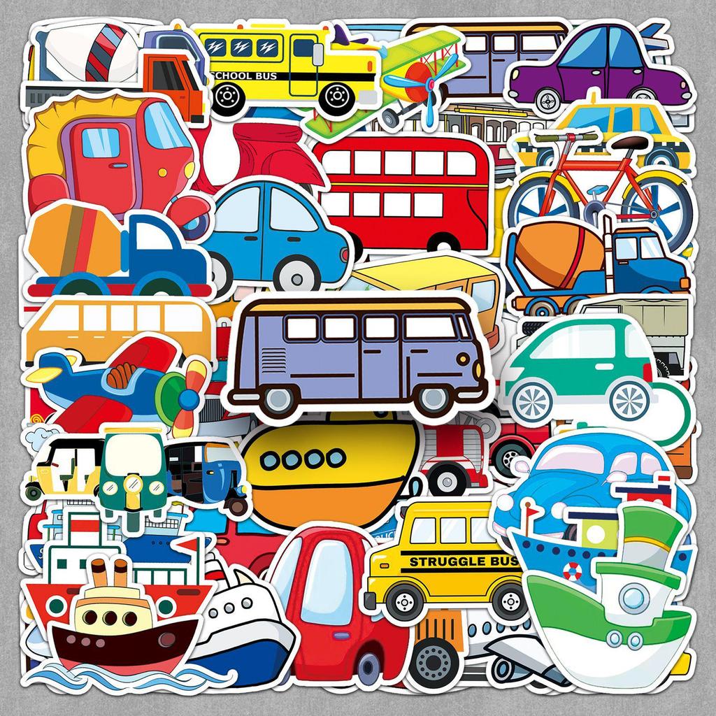 100 Creative Cartoon Vehicle Stickers for DIY, Journals, Phones, and Stationery - Colorful Car Designs