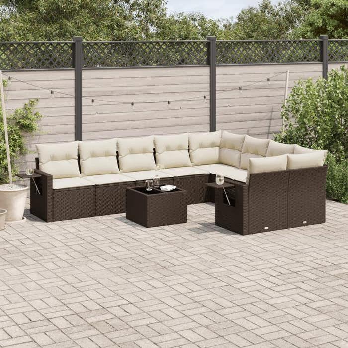 VidaXL Salon de Jardin avec Coussins 10 pcs, Canapés de Terrasse, Ensemble de Meubles de Patio, Mobilier d'Extérieur, Marron 3252990
