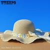 Women Lace Wave Wide Brim Straw Sun Hat Crochet Daisy Flower & White Satin Bow Decor Foldable Beach Hat Lightweight UV Protection Summer Cap