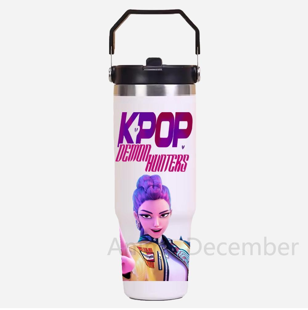 30Oz K-Pop Portable Car Cup Stainless Steel Thermos Cup with Straw Travel Sports Water Bottle with Handle Cover Coffee Vacuum Flask