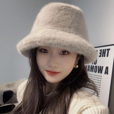 Einfarbige Flauschige Fischerkappe Kunstpelz Plüsch Wintermütze Outdoor Ski Damen Bucket Hat