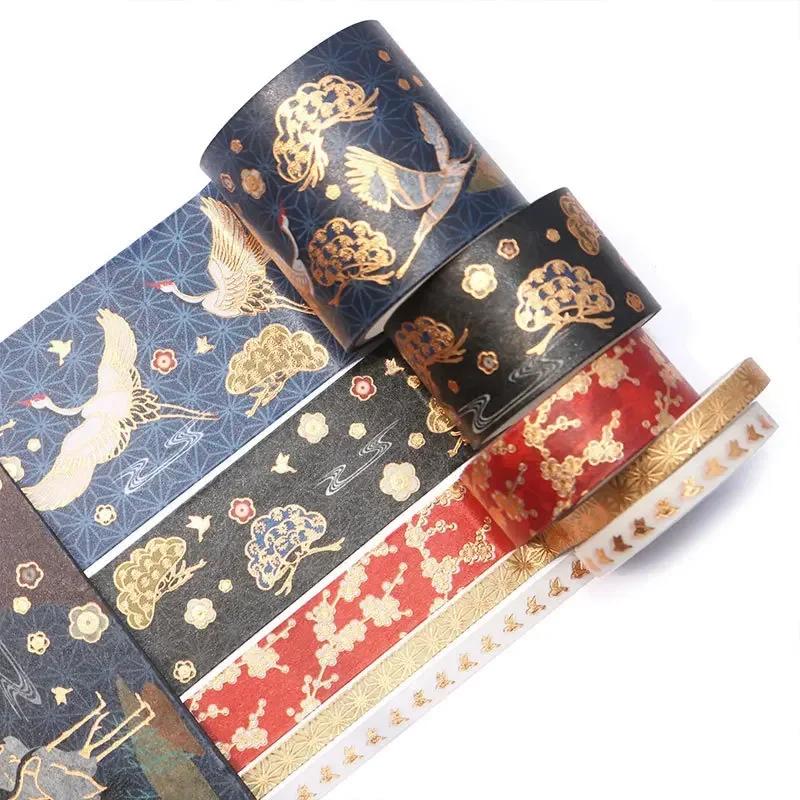 5 Roll Set DIY Creative Decoration Chinese Style Masking Tape Hot Stamping Crane Paper Antique Hand Ledger Tape Lipstick Sticker