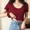 Solid Color Wood Ear Edge Summer Short Knit Round Neck Lace Short-sleeved Women's Top Slim Thin Knitwear Casual Essential Slim Fit Pullovers Tees