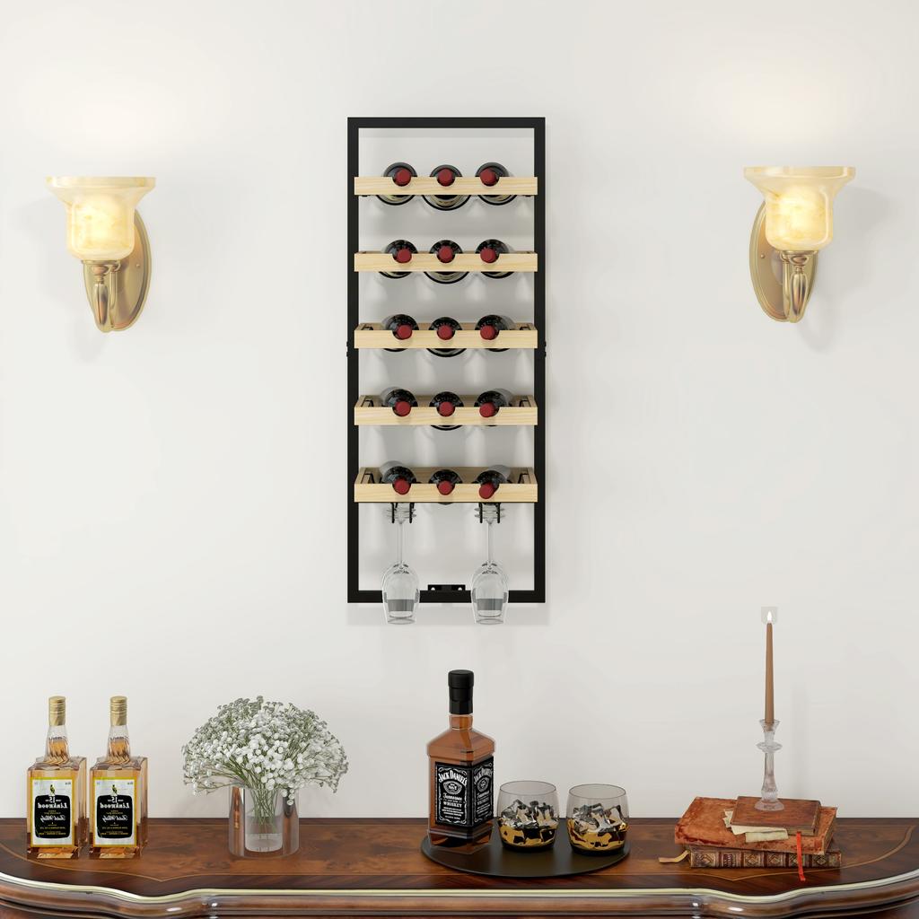 Wall-mounted Wine Rack In Wood and Steel for 15 Bottles of and 4 Glasses. 35x25x86cm
