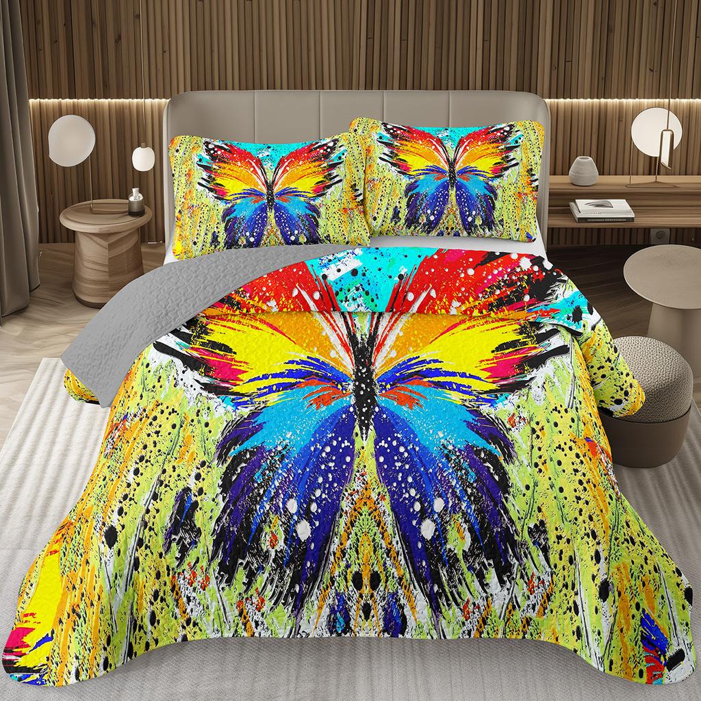 Butterfly Bedspread Twin/Queen/King Watercolor Botanical Floral Coverlet Fantasy Style Bedding Set Reversible Quilted Bedspreads