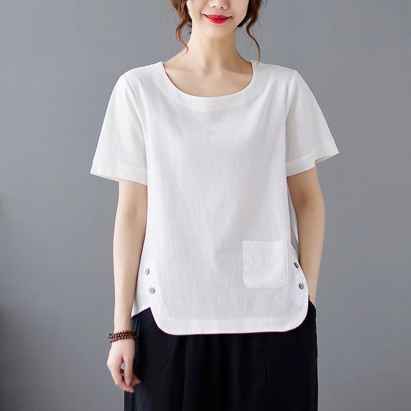 Neues Sommer Baumwoll- und Leinenimitat Fat MM Übergröße Lässig Schlicht Retro Einfarbig Locker Kurzarm T-Shirt für Damen