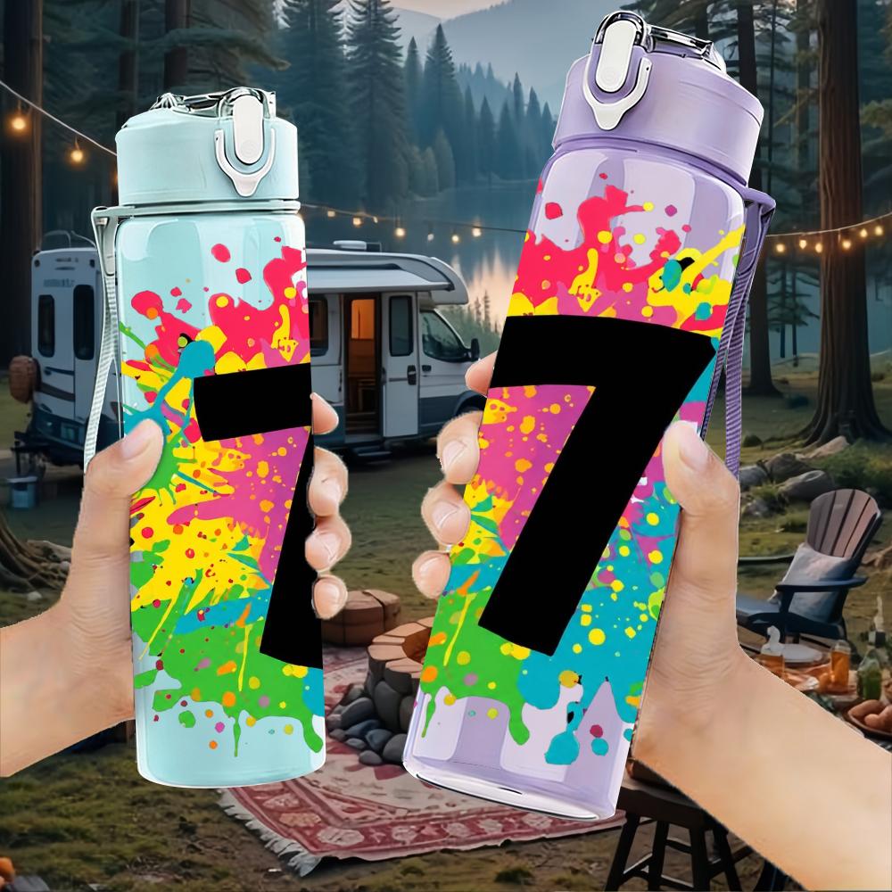 1PC Large Number Seven Splash Graphic 750ml Color Plastic Water Bottle Leakproof Flip Straw Lid For Sports Office Home Use