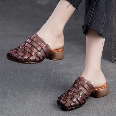 Genuine Leather Weaving Breathable Round Toe Slippers Retro Versatile Outgoing Slides Women's Shoes