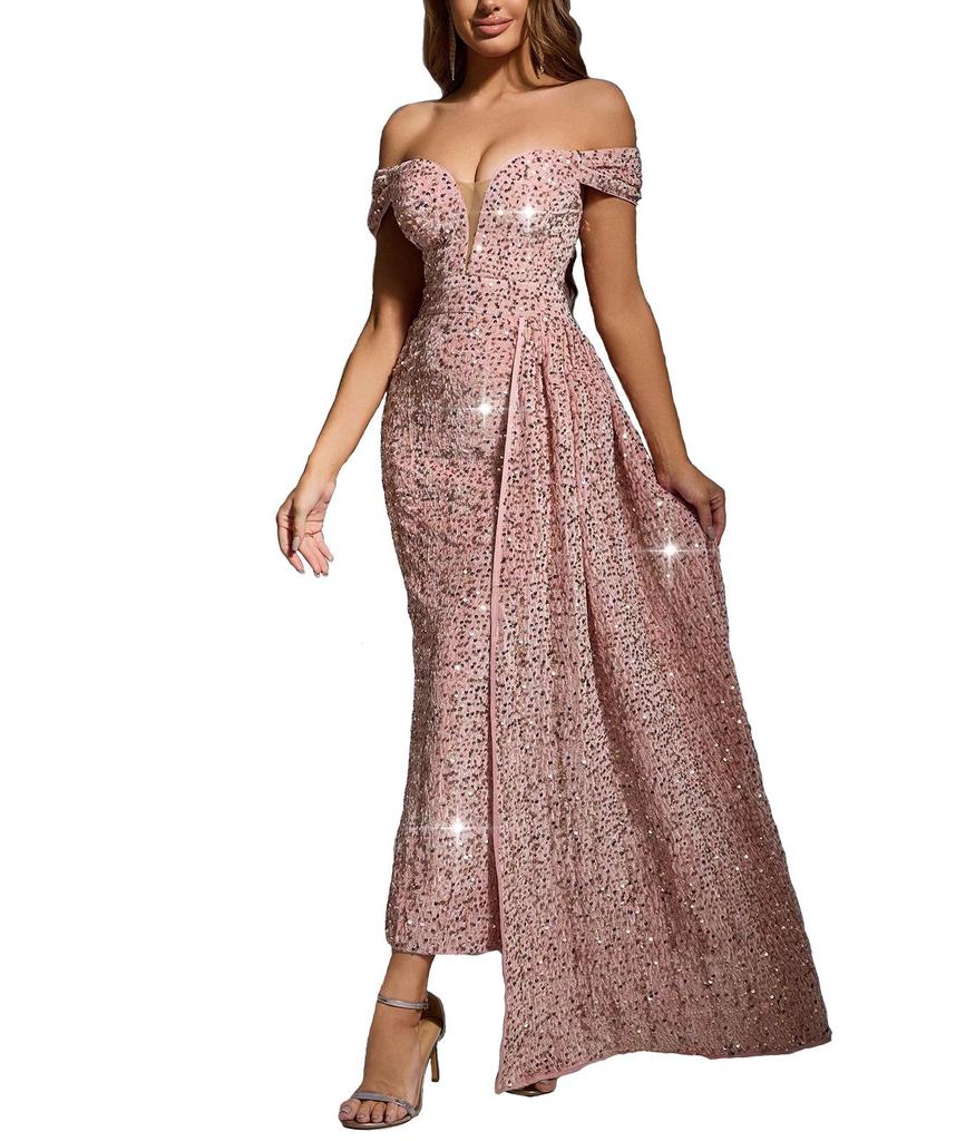 OS7036 Women's Off-the-Shoulder Sequin Sleeveless Dress: European and American Style