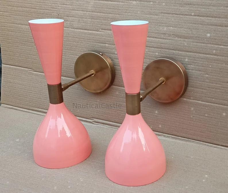 Pink Brass Diabolo Wall Sconce - Mid Century Modern Light (Set of Two)